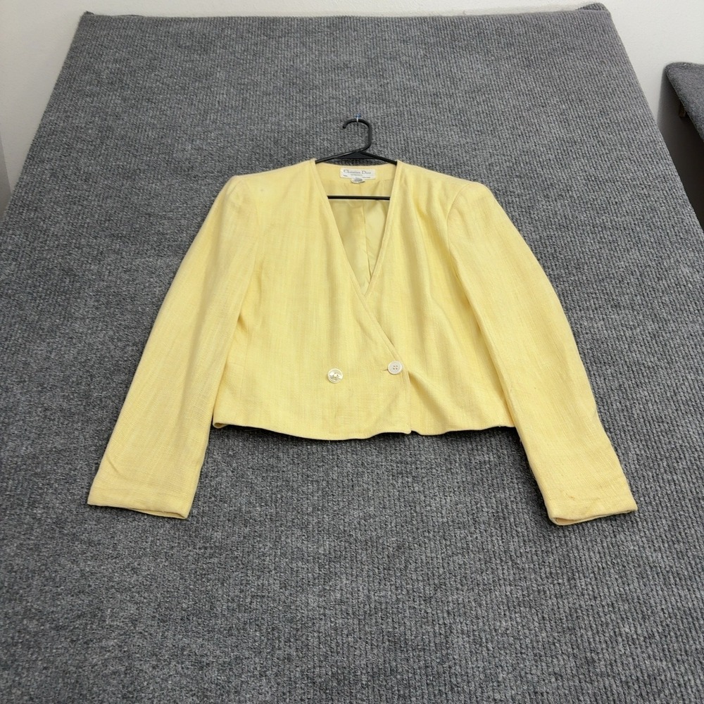 Vintage Christian Dior Blazer Womens 12 Yellow Linen Textured Open Front Classic